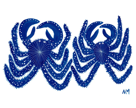 poster with two blue crabs on white background