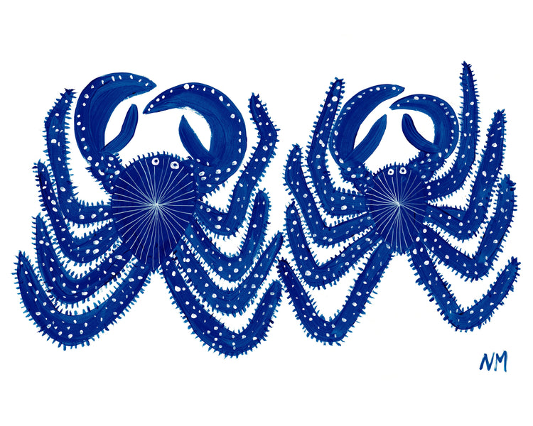 poster with two blue crabs on white background
