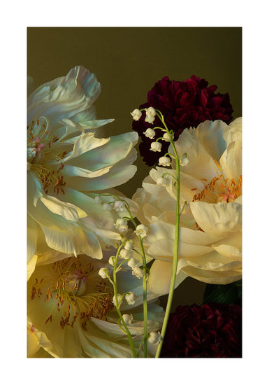 A stunning still life photo from the Peony & Lily of the Valley Poster collection showcases white lilies of the valley, pale yellow peonies with delicate petals, and deep burgundy flowers against a soft olive backdrop, subtly highlighting their textures and colors.