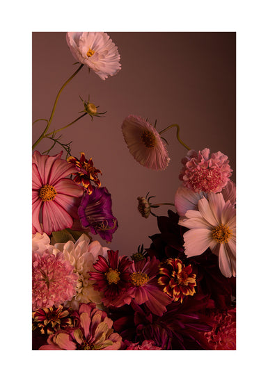 The Dreamscape Poster features an exquisite arrangement of pink and purple flowers, such as cosmos and zinnias, set against a moody background. Artful lighting highlights the delicate textures and rich colors of the petals.