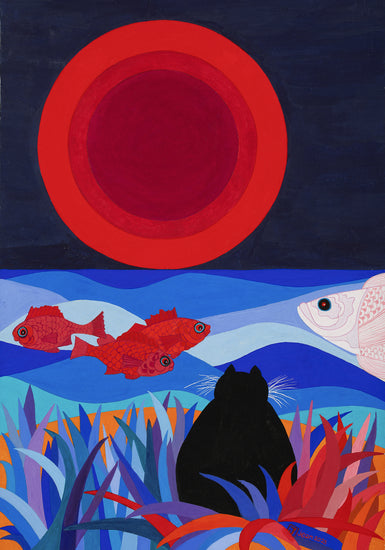 Inspired by a 1993 Sri Lanka trip, this artwork shows a cat on a beach looking at the moon. It features vibrant blue hues, red fish, grasses, and a large moon, with a graphic design style like a silk screen print. Jean added a touch of humor, saying, "It looks like the cat is watching his dinner."