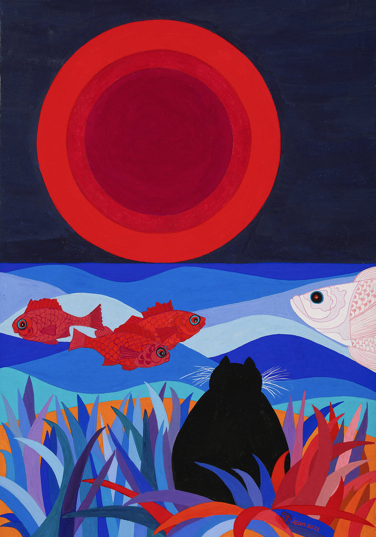 Inspired by a 1993 Sri Lanka trip, this artwork shows a cat on a beach looking at the moon. It features vibrant blue hues, red fish, grasses, and a large moon, with a graphic design style like a silk screen print. Jean added a touch of humor, saying, "It looks like the cat is watching his dinner."