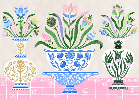 The Ceramics Poster features a modern illustration of three decorative vases with Persian art-inspired floral designs. They hold vibrant flowers and leaves on a pink and white tiled surface against a soft beige background.