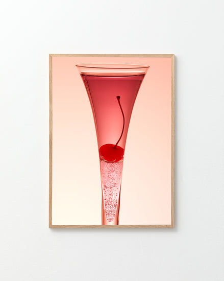 Poster "Cherry" in oak frame against a white background