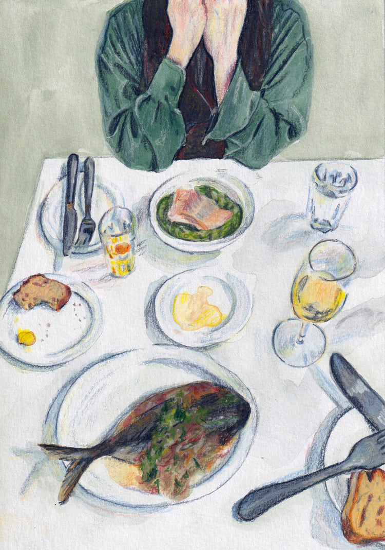 Gouache painting with colored pencil details portraying a delightful lunch scene. The lunch table is adorned with bread, fish, water, and wine. A person is seated on the other side of the table.