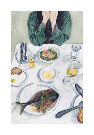 Gouache painting with colored pencil details portraying a delightful lunch scene. The lunch table is adorned with bread, fish, water, and wine. A person is seated on the other side of the table. With white border.