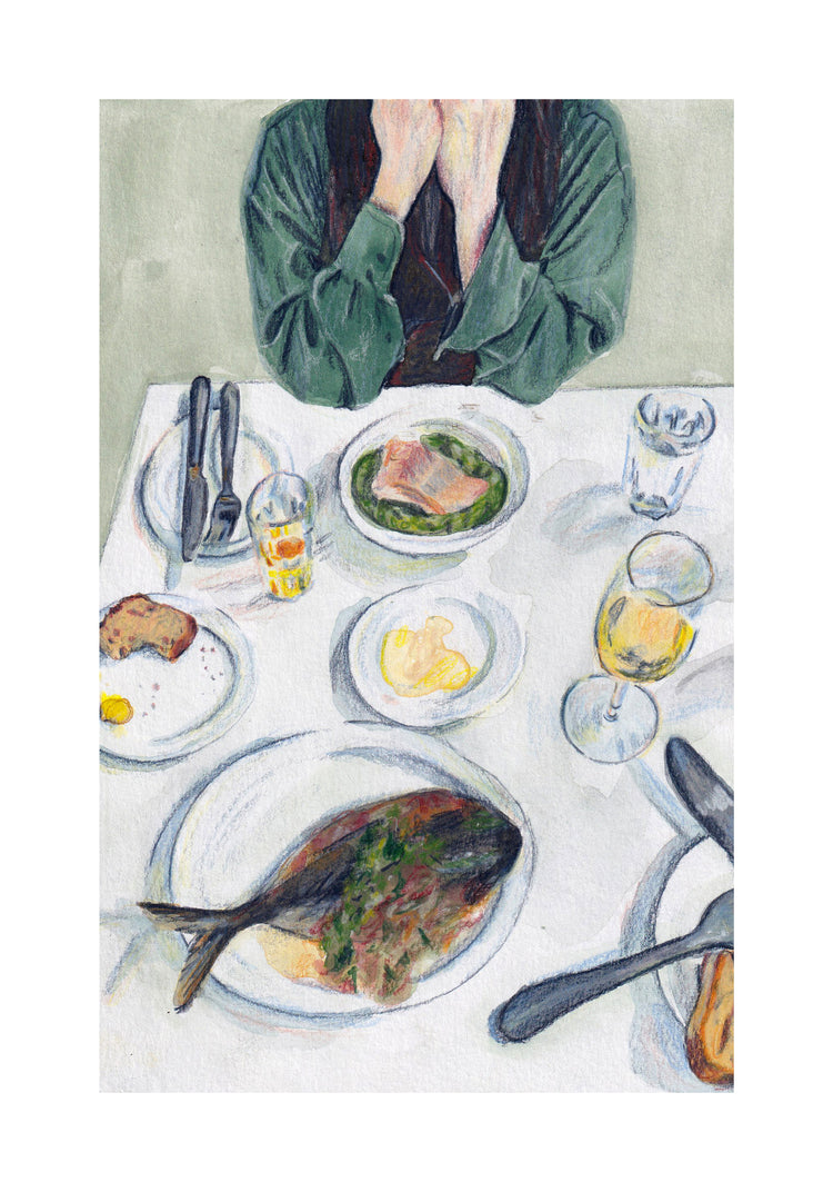 Gouache painting with colored pencil details portraying a delightful lunch scene. The lunch table is adorned with bread, fish, water, and wine. A person is seated on the other side of the table. With white border.