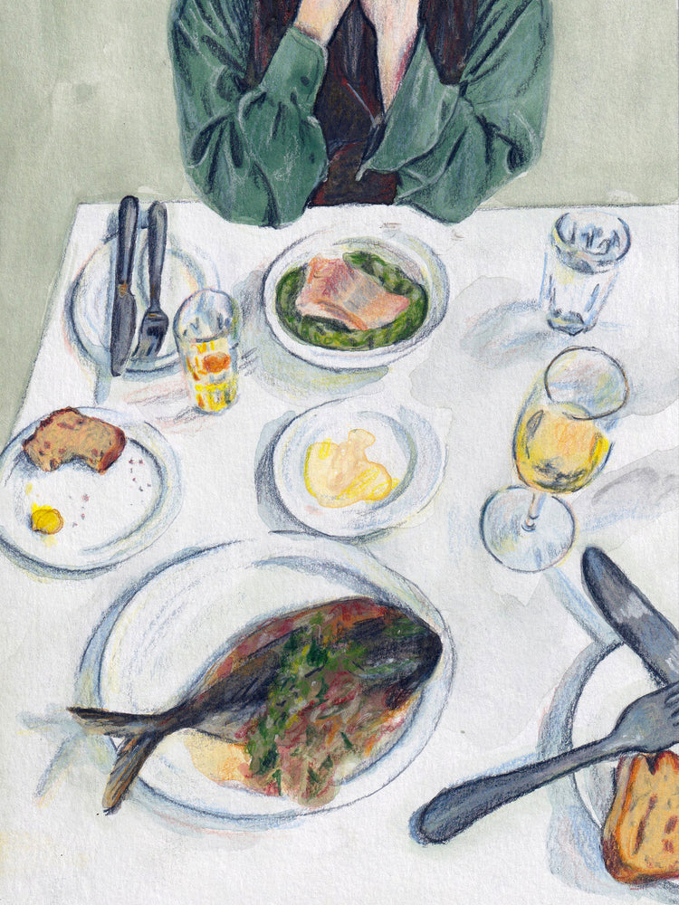 Gouache painting with colored pencil details portraying a delightful lunch scene. The lunch table is adorned with bread, fish, water, and wine. A person is seated on the other side of the table.