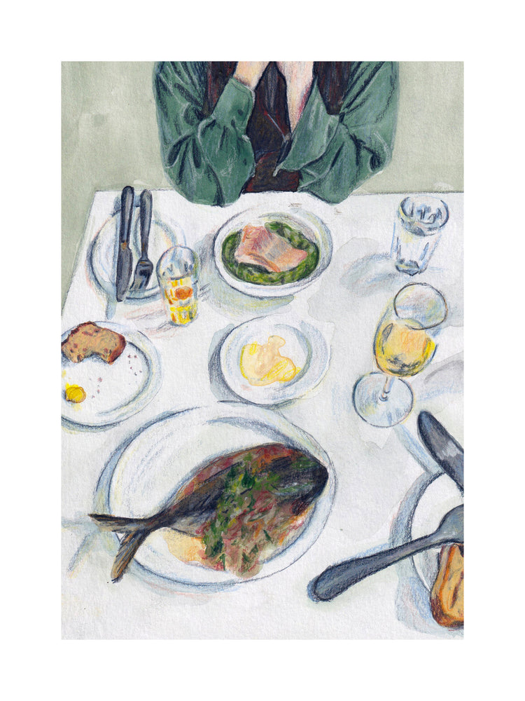 Gouache painting with colored pencil details portraying a delightful lunch scene. The lunch table is adorned with bread, fish, water, and wine. A person is seated on the other side of the table. With white border.