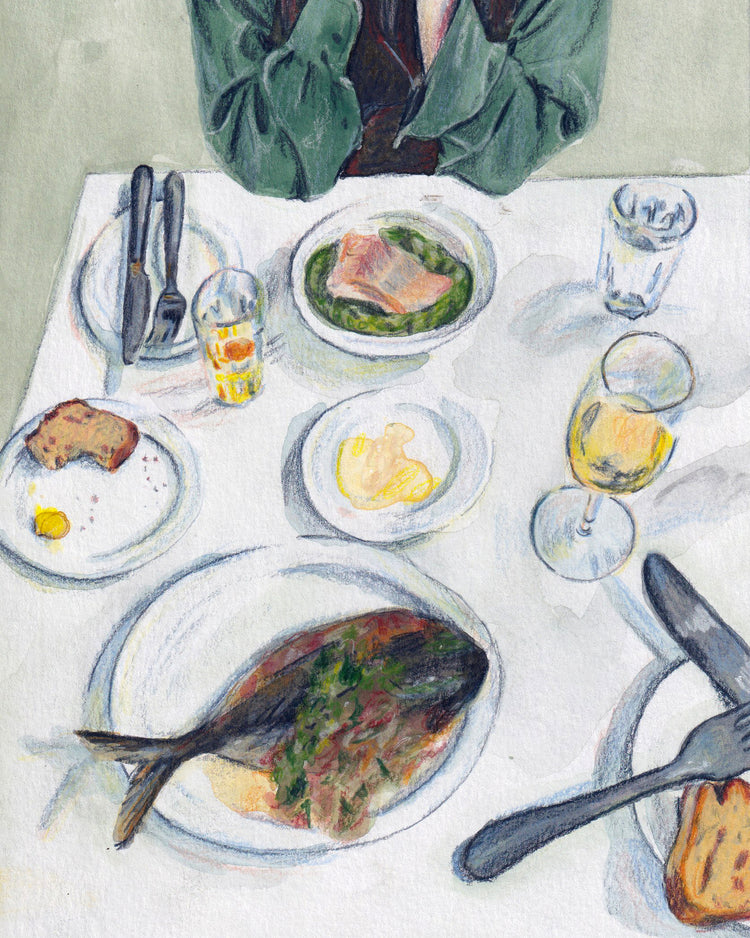 Gouache painting with colored pencil details portraying a delightful lunch scene. The lunch table is adorned with bread, fish, water, and wine. A person is seated on the other side of the table.