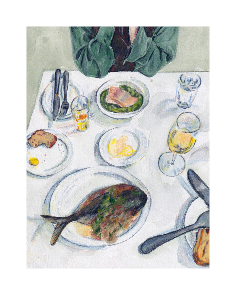 Gouache painting with colored pencil details portraying a delightful lunch scene. The lunch table is adorned with bread, fish, water, and wine. A person is seated on the other side of the table. With white border.