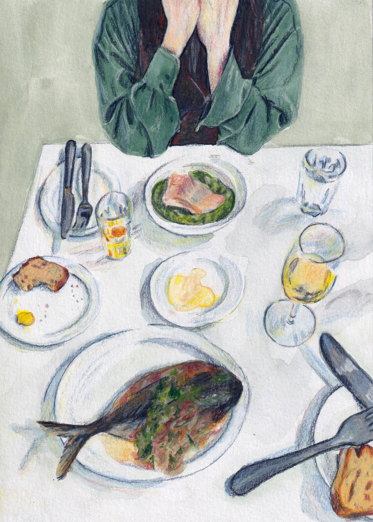 Gouache painting with colored pencil details portraying a delightful lunch scene. The lunch table is adorned with bread, fish, water, and wine. A person is seated on the other side of the table.