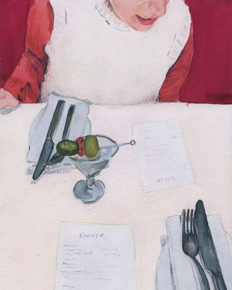 Gouache and colored pencil poster of  a table with cutlery and the restaurant's menu lies on the table. A martini sits on the table, with a woman seated on the other side of the table