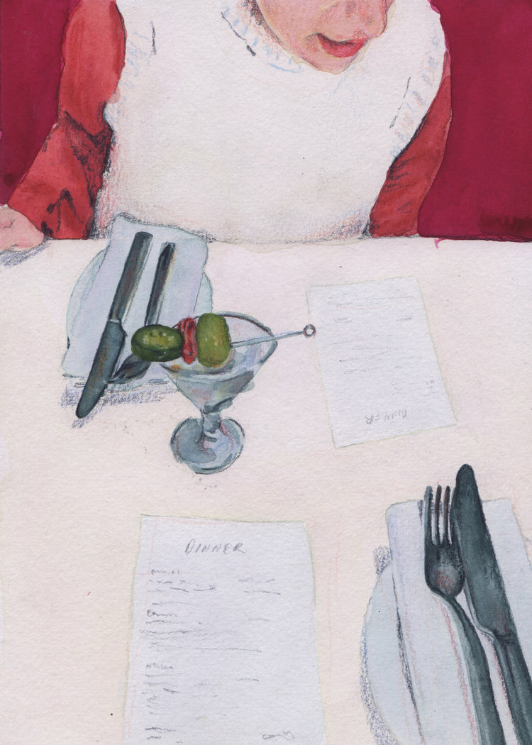 Gouache and colored pencil poster of  a table with cutlery and the restaurant's menu lies on the table. A martini sits on the table, with a woman seated on the other side of the table