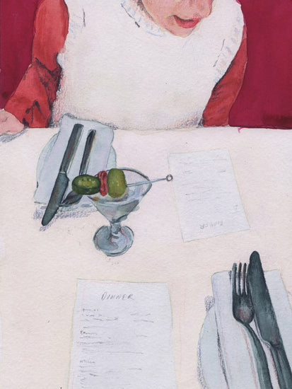 Gouache and colored pencil poster of  a table with cutlery and the restaurant's menu lies on the table. A martini sits on the table, with a woman seated on the other side of the table