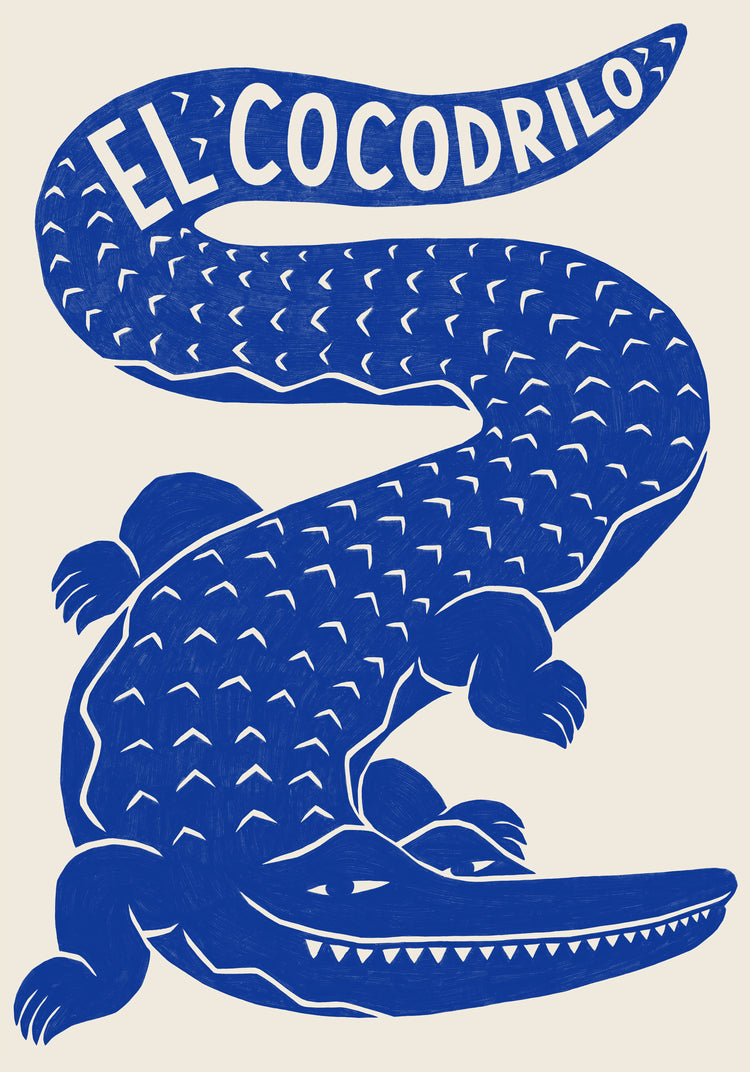 Poster with an illustration of a blue crocodile with text “El Cocodrilo”, created by the artist Manne Jalilian.
