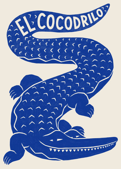 The El Cocodrilo Poster features a stylized blue crocodile with El Cocodrilo along its tail. It has a playful swirling shape, superstar charm, and a pattern of scales and dots, making it perfect for vibrant wall art.