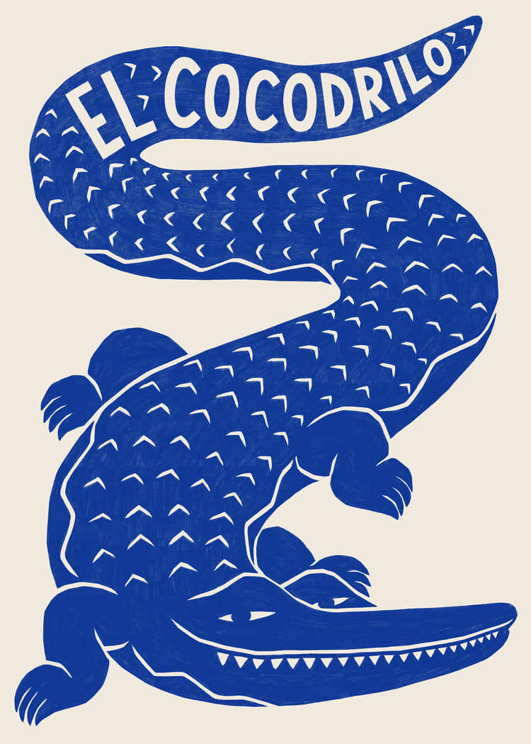 The El Cocodrilo Poster by Manne Jalilian features a stylized blue crocodile with bold features, elegantly bending into an S-shape on a soft beige background. The phrase El Cocodrilo is inscribed in white along its tale.