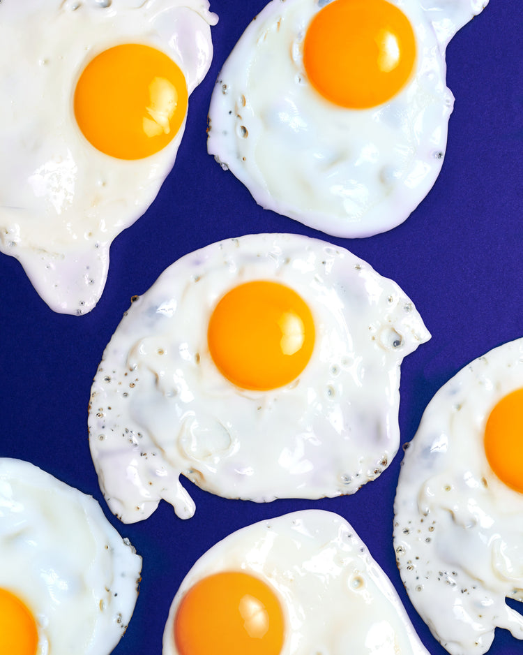 A still life photograph of eggs on a vibrant blue background.