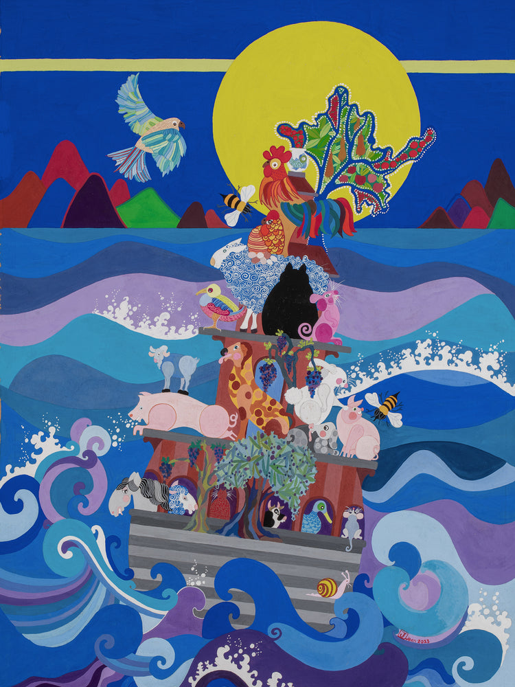 This painting shows farmyard animals on an ark, humorously sailing on the ocean. Jean saw the ark as an environmental symbol and a metaphor for aiding nature. The painting includes a vine with grapes and an olive tree, adding to the aquatic barnyard theme.