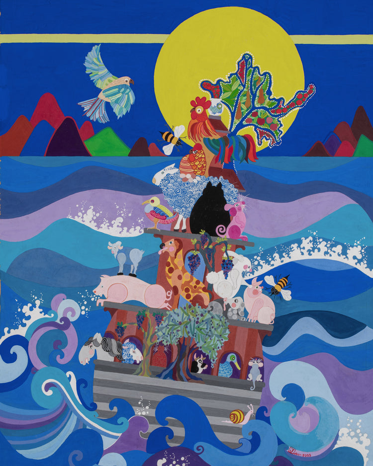 This painting shows farmyard animals on an ark, humorously sailing on the ocean. Jean saw the ark as an environmental symbol and a metaphor for aiding nature. The painting includes a vine with grapes and an olive tree, adding to the aquatic barnyard theme.