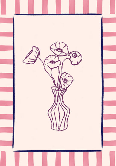 The Poppies en Vase Poster showcases a hand-drawn vase with flowers at its center on a patterned backdrop. The vase has a curved, striped design set against alternating pink and white vertical stripes, and the minimalist line art flowers enhance its modern floral motif.