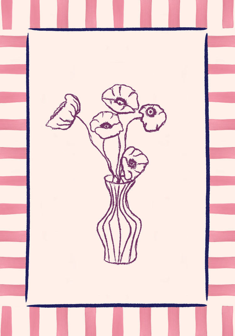 The Poppies en Vase Poster showcases a hand-drawn vase with flowers at its center on a patterned backdrop. The vase has a curved, striped design set against alternating pink and white vertical stripes, and the minimalist line art flowers enhance its modern floral motif.