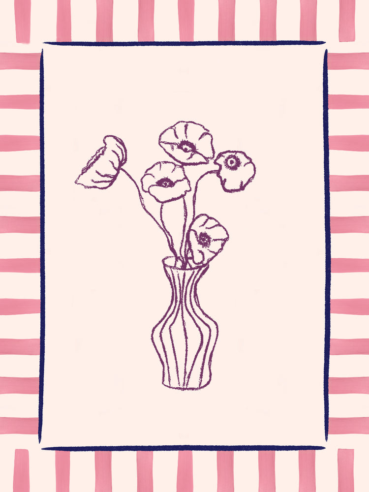 The Poppies en Vase Poster features a modern sketch of five flowers in a vase, centered within a pink and white striped border. The floral design is drawn in purple on a cream background.