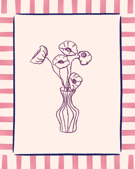 The Poppies en Vase Poster features a line drawing of five poppies in a vase on a light background with a floral motif, framed by pink and white stripes bordered by thin black lines, showcasing a simple, stylized modern touch.