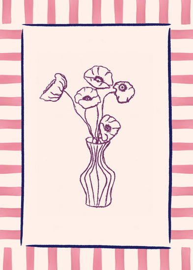 The Poppies en Vase Poster presents a modern line drawing of a striped vase with five poppies. The background includes a floral pattern with pink stripes and is framed by a thick black line.