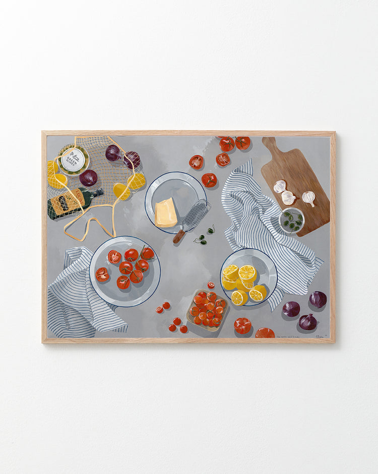 Like Nonna Used to Make Poster features a cozy kitchen scene with fresh tomatoes, cheese, garlic, striped cloths, a vintage cheese grater, brown cutting board, and a yellow net bag with canned goods on a grey surface.