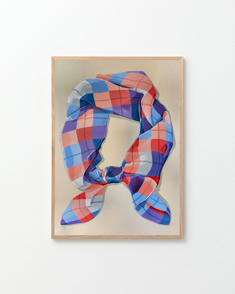 A Harlequin Knot Poster by Cat Gerke features a checkered fabric pattern in blue, red, and white on a neutral background. It is framed with a light wooden finish, ideal for enhancing any Wallbaby decor.