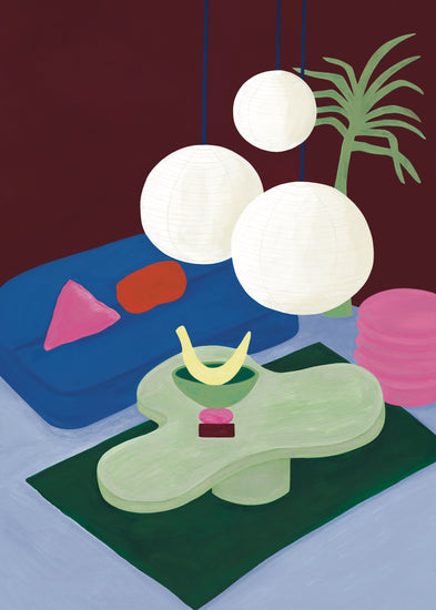 The Colourful Living 01 Poster showcases a vibrant room with modern furniture, including a green table and yellow ornament. Three spherical paper lamps illuminate an abstract illustration, while a blue platform flaunts colorful cushions and a tall green plant for added flair.