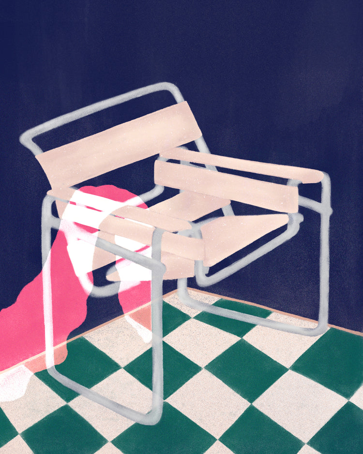 A depiction of the Bauhaus 02 Poster shows a modern, abstract-style chair similar to the Wassily chair, with a transparent frame and light seat. A red cloth drapes over it elegantly. The green and white checkered floor enhances the dark, soft-toned background exuding Bauhaus modernism vibes.