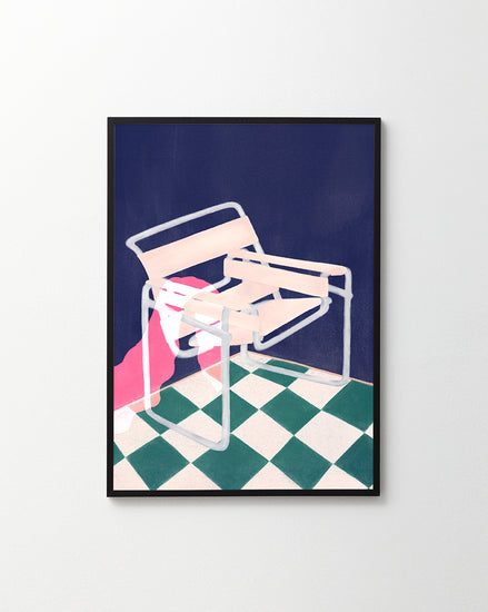The Bauhaus 02 Poster depicts a Wassily chair with a sleek metal frame and a light-colored seat and backrest. A pink cloth drapes over it, embodying modernism. The dark blue background with a green and white checkered floor enhances the scenes dynamic appeal.