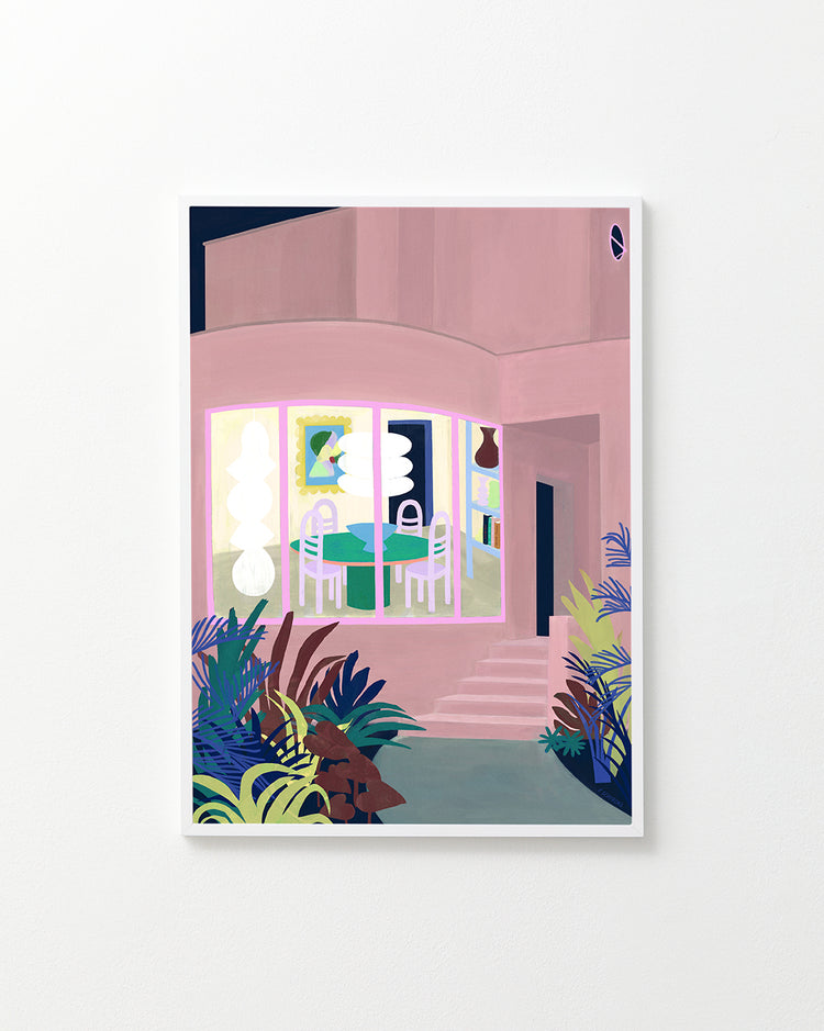 The Lighted Windows 01 Poster showcases a framed painting of a modern house with pink walls and large windows, revealing an indoor dining area. Its encircled by abstract foliage in vibrant blue, green, and purple shades.