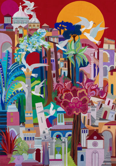 This painting is a collage of Italian cities with seagulls, trees, and flowers. The lower left represents Bologna, the lower right is Assisi, and the upper part is Rome. Jean, once aspiring to be an architect, often included architectural elements in her whimsical cityscapes, with slanted and lopsided buildings reflecting the topsy-turvy towns of Italy.