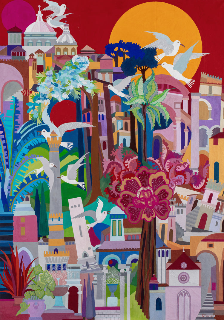 This painting is a collage of Italian cities with seagulls, trees, and flowers. The lower left represents Bologna, the lower right is Assisi, and the upper part is Rome. Jean, once aspiring to be an architect, often included architectural elements in her whimsical cityscapes, with slanted and lopsided buildings reflecting the topsy-turvy towns of Italy.