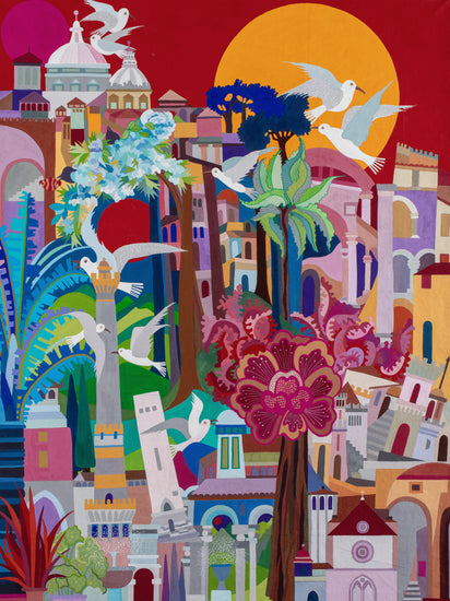 This painting is a collage of Italian cities with seagulls, trees, and flowers. The lower left represents Bologna, the lower right is Assisi, and the upper part is Rome. Jean, once aspiring to be an architect, often included architectural elements in her whimsical cityscapes, with slanted and lopsided buildings reflecting the topsy-turvy towns of Italy.