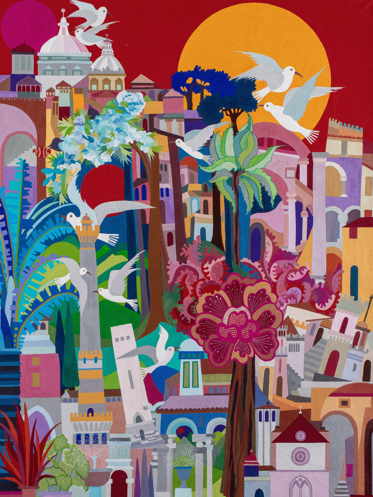 This painting is a collage of Italian cities with seagulls, trees, and flowers. The lower left represents Bologna, the lower right is Assisi, and the upper part is Rome. Jean, once aspiring to be an architect, often included architectural elements in her whimsical cityscapes, with slanted and lopsided buildings reflecting the topsy-turvy towns of Italy.