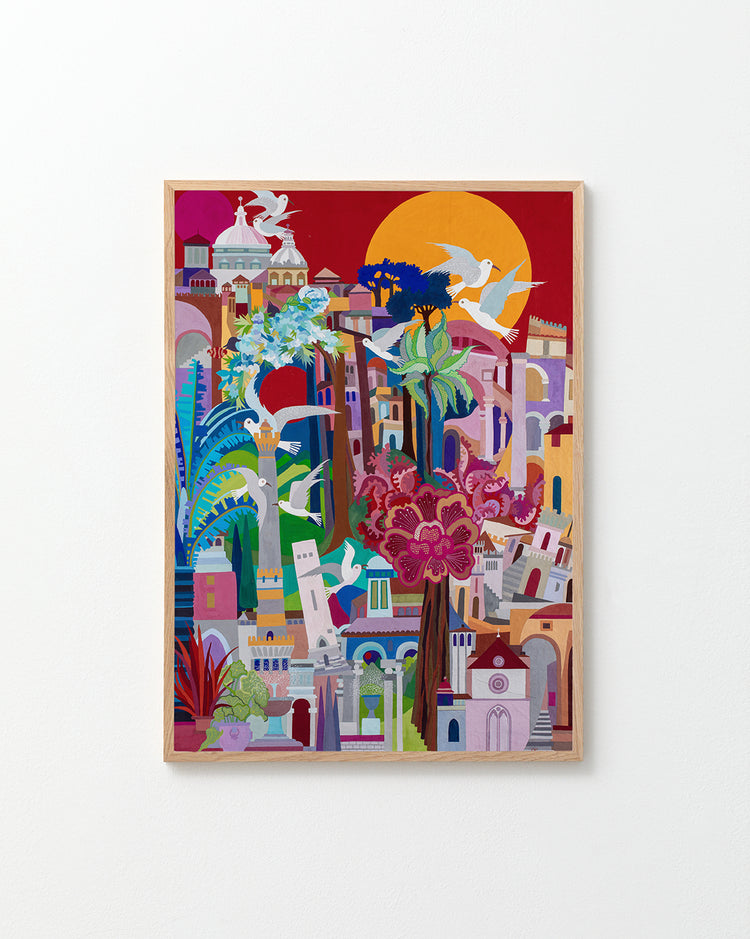 This painting is a collage of Italian cities with seagulls, trees, and flowers. The lower left represents Bologna, the lower right is Assisi, and the upper part is Rome. Jean, once aspiring to be an architect, often included architectural elements in her whimsical cityscapes, with slanted and lopsided buildings reflecting the topsy-turvy towns of Italy. Framed in oak on a white wall
