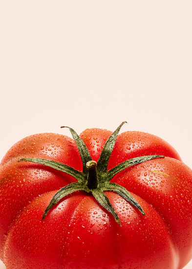 A close-up photograph features a vibrant red tomato adorned with delicate water droplets set against a clean white backdrop.
