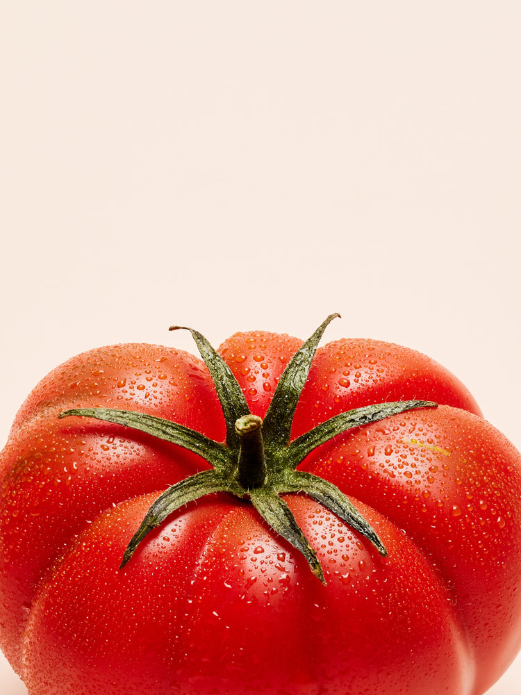 A close-up photograph features a vibrant red tomato adorned with delicate water droplets set against a clean white backdrop.