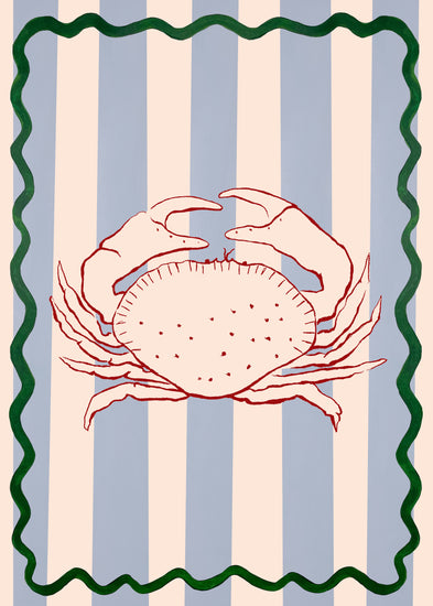 The Le Crabe Poster features an illustration of a red crab symbolizing coastal life, set against vertical blue and cream stripes with a wavy green border.