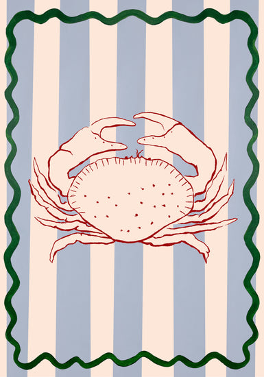 The Le Crabe Poster features a vibrant red crab with detailed claws and legs, set against vertical blue and beige stripes, all framed by a wavy green border, capturing the essence of coastal lifestyle.