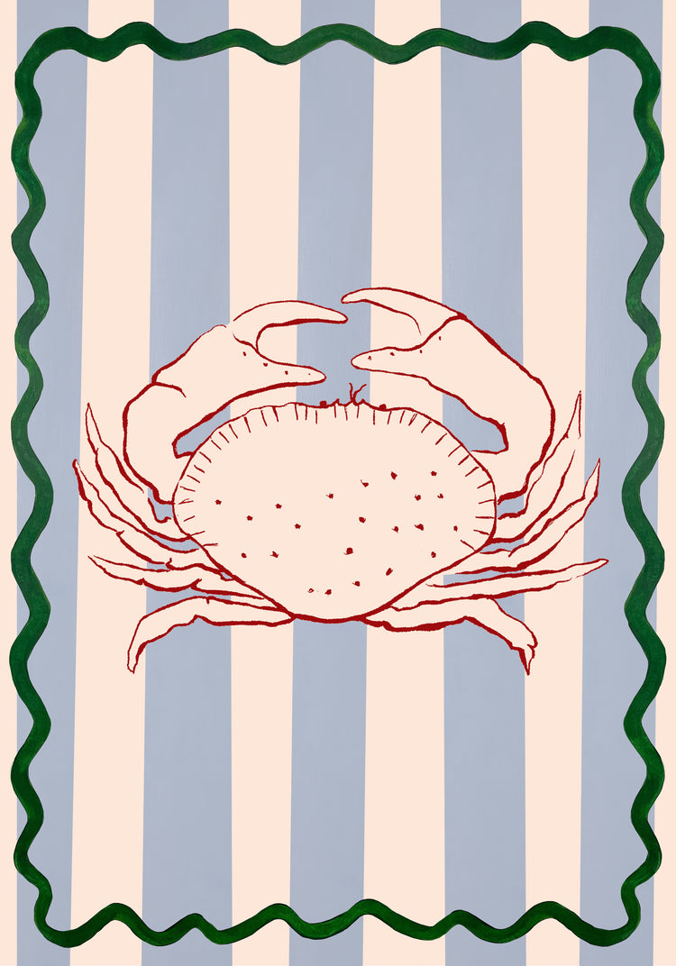 The Le Crabe Poster features a vibrant red crab with detailed claws and legs, set against vertical blue and beige stripes, all framed by a wavy green border, capturing the essence of coastal lifestyle.