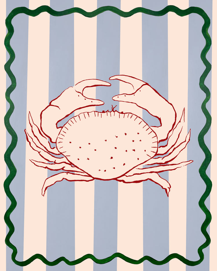 The Le Crabe Poster showcases a vibrant red crab centered on vertical blue and white stripes, with a charming scalloped green border completing the coastal theme.
