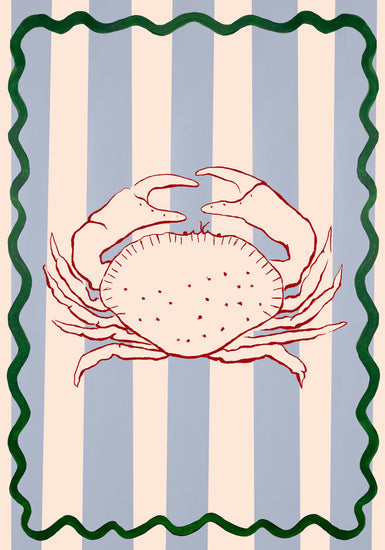 The Le Crabe Poster captures the essence of coastal living with its centered red crab on vertical blue and white stripes, elegantly framed by a wavy green border, blending sea and style harmoniously.