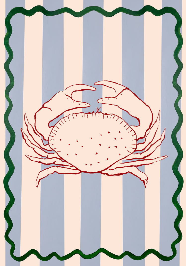 The Le Crabe Poster captures the essence of coastal living with its centered red crab on vertical blue and white stripes, elegantly framed by a wavy green border, blending sea and style harmoniously.