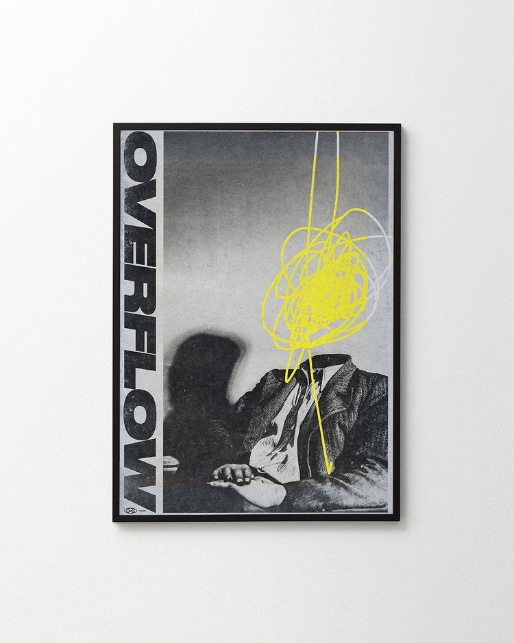 The Overflow Poster by Meinhard Taxer presents a grayscale image of a seated figure with their face obscured by an abstract yellow scribble. The word OVERFLOW is vertically aligned on the left, enhancing the depth and intrigue of this framed multimedia artwork.